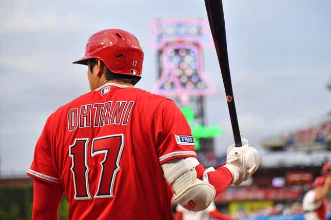 Aug 28, 2023; Philadelphia, Pennsylvania, USA; Los Angeles Angels designated hitter Shohei Ohtani (17) on deck against the Philadelphia Phillies at Citizens Bank Park.