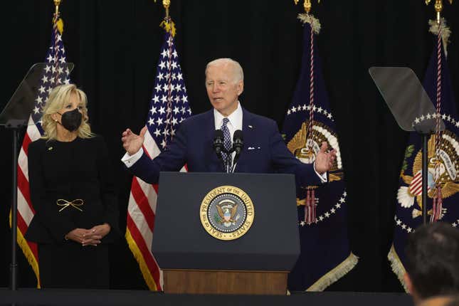 With his wife Jill by his side, US President Joe Biden delivers remarks to guests, most of whom lost a family member in the Tops market shooting, at the Delavan Grider Community Center on May 17, 2022, in Buffalo, New York.