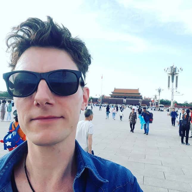 Author Roger Tyers in Beijing after his two-week train journey across Europe, Russia, and China.