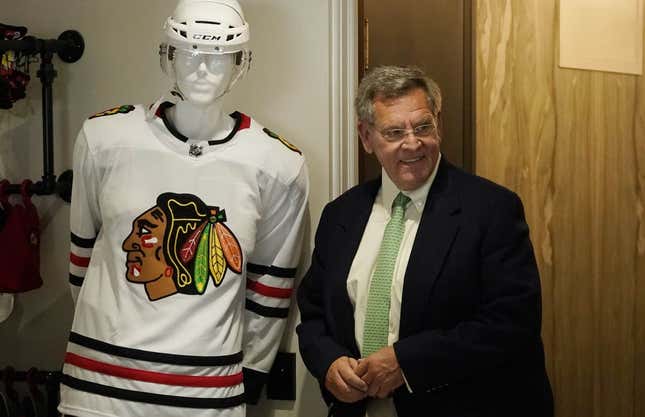 Jun 29, 2022; Chicago, IL, USA; Chicago Blackhawks owner Rocky Wirtz enters as new head coach Luke Richardson is introduced at a press conference at the Chicago Blackhawks Store.