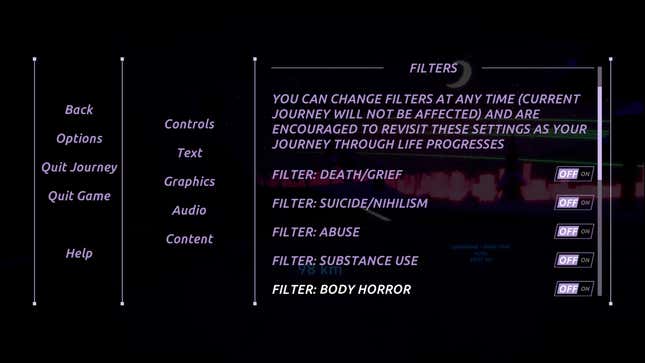 A screenshot of Glitchhikers menu reveals options to turn certain kinds of content off.