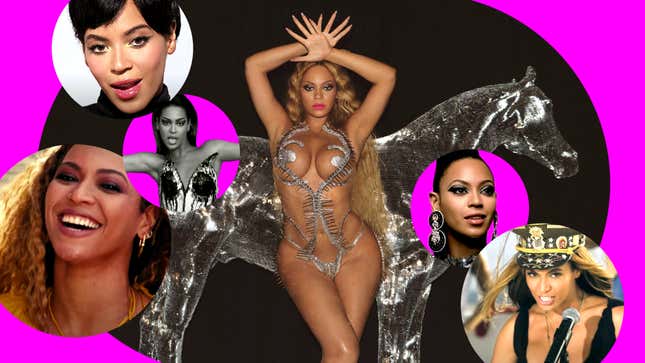 Center image from Renaissance (Courtesy of Genevieve Tate/Parkwood Entertainment) Background from left to right: Beyonce in the music videos for “Hold Up,” “Countdown,” “Diva,” “Get Me Bodied,” and “Love On Top” (Images: Beyonce/YouTube)