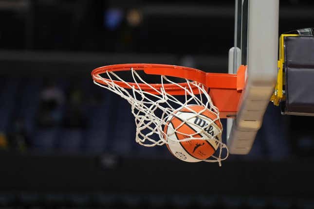 May 25, 2023; Los Angeles, California, USA; Wilson official basketball with WNBA logo goes through the net during the game between the LA Sparks and the Las Vegas Aces at Crypto.com Arena.