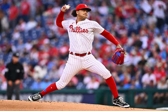 Jun 23, 2023; Philadelphia, Pennsylvania, USA; Philadelphia Phillies starting pitcher Taijuan Walker (99) throws a pitch against the New York Mets in the first inning at Citizens Bank Park.