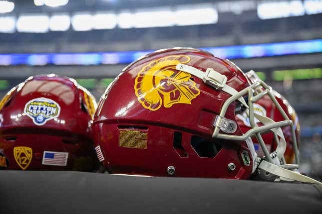 Jan 2, 2023; Arlington, Texas, USA; A view of the USC Trojans helmets and Cotton Bowl logo during the game between the USC Trojans and the Tulane Green Wave in the 2023 Cotton Bowl at AT&amp;amp;T Stadium.