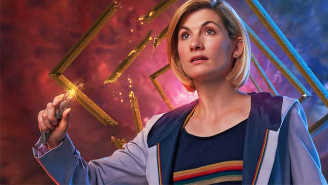 Jodie Whittaker's 13th Doctor raises her sonic screwdriver.