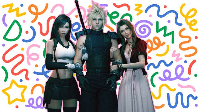 An image shows Tifa and Aerith holding Cloulds arms while confetti paper floats behinds them.