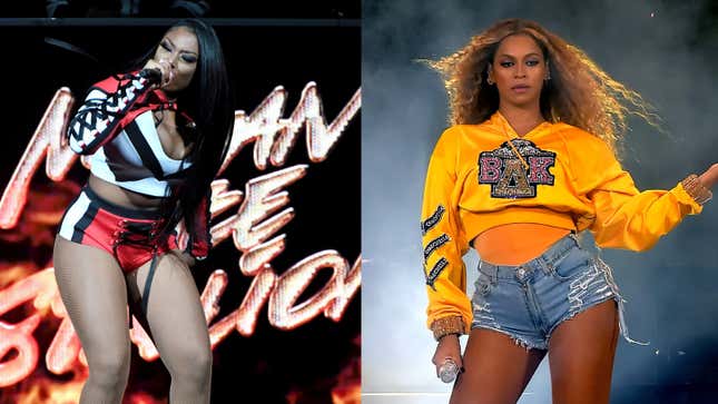 (L-R): Megan Thee Stallion performs onstage during the EA Sports Bowl at Bud Light Super Bowl Music Fest on January 30, 2020 in Miami, Florida. ; Beyonce Knowles performs onstage during 2018 Coachella Valley Music And Arts Festival Weekend 1 on April 14, 2018 in Indio, California. 