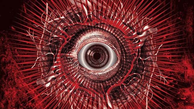 An illustration of a red eyeball surrounded by red veins stares out from the cover of horror anthology Body Shocks.