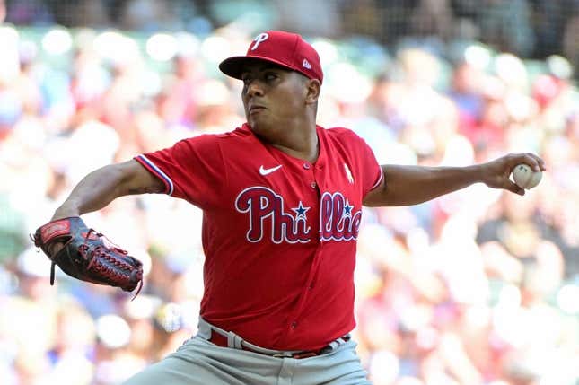 Sep 3, 2023; Milwaukee, Wisconsin, USA; Philadelphia Phillies pitcher Ranger Suarez (55) pitches against the Milwaukee Brewers in the first inning at American Family Field.