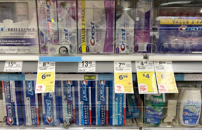 Products are displayed in locked security cabinets at a Walgreens store 