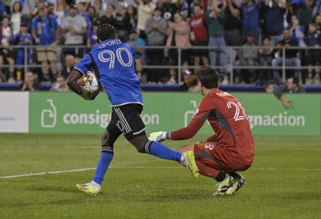 Sep 2, 2023; Montreal, Quebec, CAN; CF Montreal forward Kwadwo Opoku (90) celebrates after scoring a goal past Columbus Crew goalkeeper Patrick Schulte (28) in the second half at Stade Saputo.