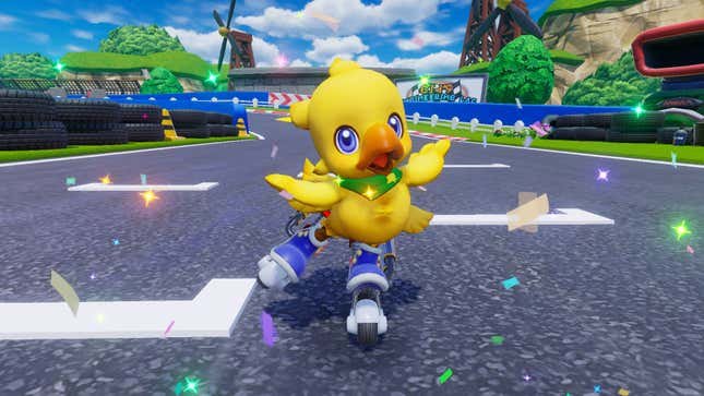 A Chocobo GP image shows a chocobo celebrating on the race track. 