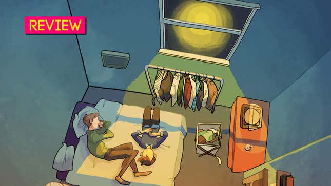 An illustration looking down at two characters on a bed. A hamper of clothes is on the floor and a clothesrack is near the window, through which some light streams in.