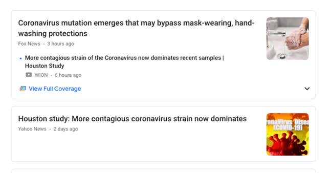 Titulares en Google News el viernes, 25 de septiembre. Incluyendo: “Surge una mutación del coronavirus que puede superar la protección de las mascarillas y el lavado de manos”.