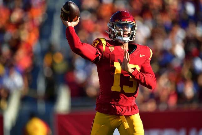 Aug 26, 2023; Los Angeles, California, USA; Southern California Trojans quarterback Caleb Williams (13) throws against the San Jose State Spartans during the first half at Los Angeles Memorial Coliseum.