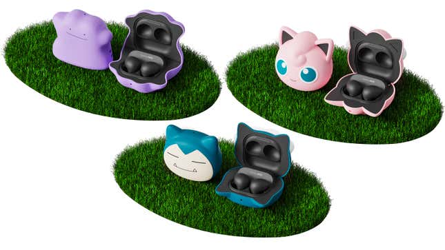 The three new Pokémon themed cases for the Samsung Galaxy Buds 2 and Samsung Galaxy Buds 2 Pro, both opened and closed, sitting on small patches of green grass.