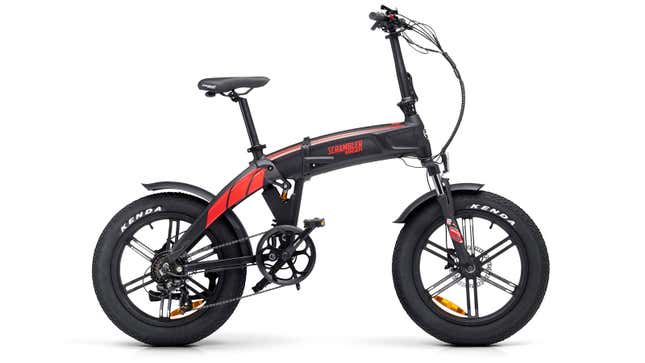A photo of a black and red Ducati folding bike. 