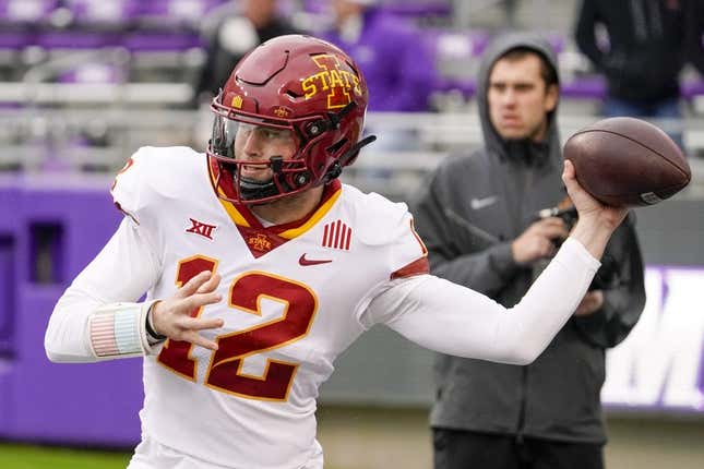 Nov 26, 2022; Fort Worth, Texas, USA; Iowa State Cyclones quarterback Hunter Dekkers (12) warms up prior to a game against the TCU Horned Frogs at Amon G. Carter Stadium.