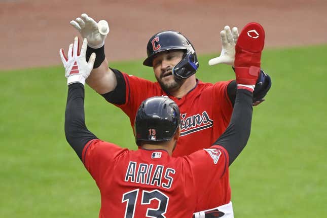 May 22, 2023; Cleveland, Ohio, USA; Cleveland Guardians catcher Mike Zunino (10) celebrates his two-run home run with third baseman Gabriel Arias (13) in the seventh inning against the Chicago White Sox at Progressive Field.