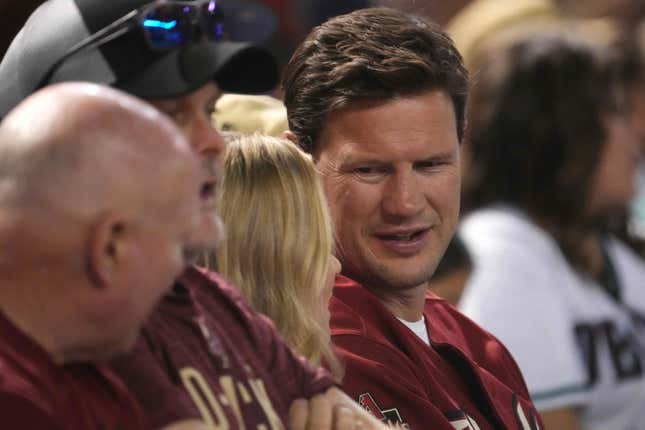 Apr 6, 2023; Phoenix, Arizona, USA; Arizona Coyotes Chief Hockey Development Officer Shane Doan looks on during the seventh inning of the game between the Arizona Diamondbacks and the Los Angeles Dodgers at Chase Field.