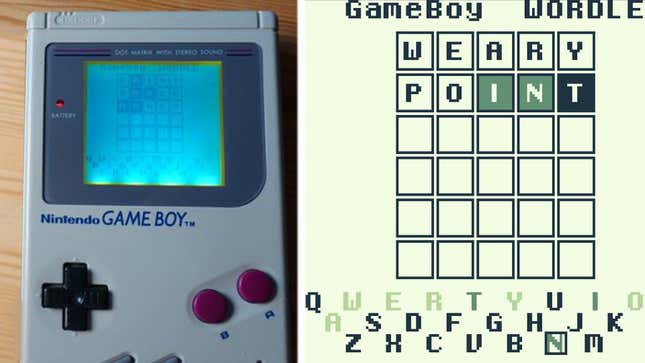 A picture of a Game Boy running Wordle and a screenshot of the custom made ROM. 