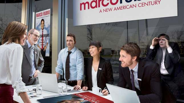 A wide-eyed Graham counts every Rubio campaign staffer he can see through the window.