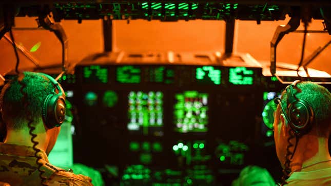 The cockpit of a U.S. Air Force C-130 at Camp Lemonnier, Djibouti. 