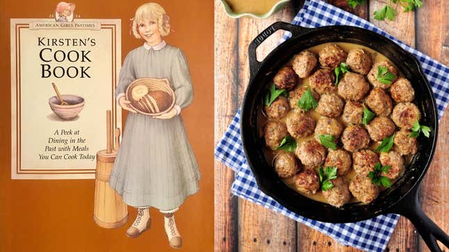 Left: The cover of Kirsten's Cook Book. Right: a skillet of Swedish meatballs.