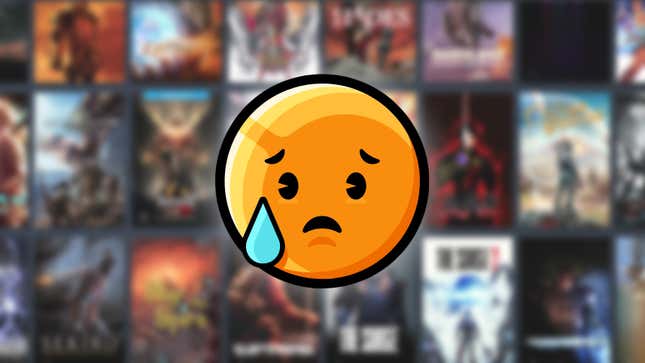 stressed emoji over a blurry steam library