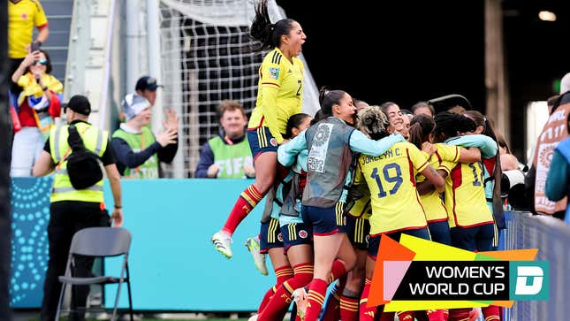 Linda Caicedo of Colombia celebrates her goal with teammates