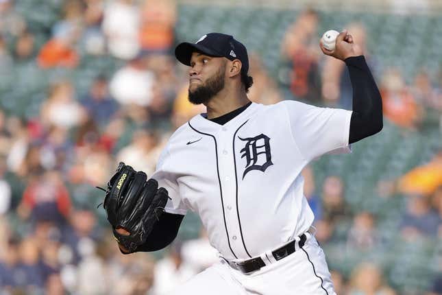 Aug 8, 2023; Detroit, Michigan, USA;  Detroit Tigers starting pitcher Eduardo Rodriguez (57) pitches in the first inning against the Minnesota Twins at Comerica Park.