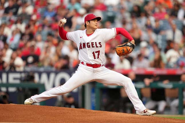 Aug 9, 2023; Anaheim, California, USA; Los Angeles Angels starting pitcher Shohei Ohtani (17) throws in the first inning against the San Francisco Giants at Angel Stadium.
