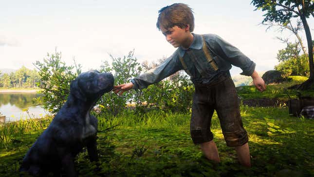A young boy pets a grey dog, Cain, in Red Dead Redemption 2.