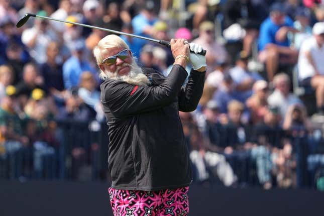 July 20, 2023; Hoylake, England, GBR; John Daly plays his shot from the fourth tee during the first round of The Open Championship golf tournament at Royal Liverpool.