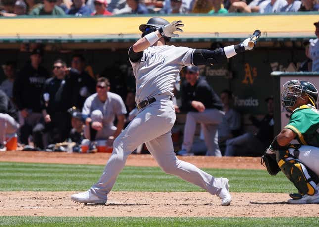 Jun 29, 2023; Oakland, California, USA; New York Yankees third baseman Josh Donaldson (28) hits a two-run home run against the Oakland Athletics during the sixth inning at Oakland-Alameda County Coliseum.