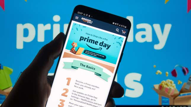 A smartphone displaying the Prime Day storefront on the Amazon app