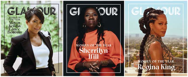 Keisha Lance Bottoms, left, Sherrilyn Ifill, and Regina King cover Glamour’s 2020 Women of the Year issues. 