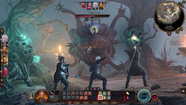 A party of heroes confronts a massive beholder.