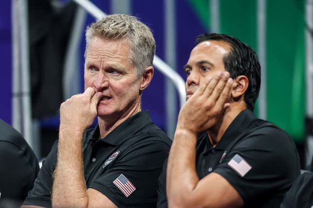 Team USA head coach Steve Kerr and assistant coach Erik Spoelstra during the 2023 FIBA World Cup in Manila, the Philippines.