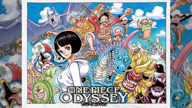An illustration from Eiichiro Oda's colorspread of One Piece chapter 1053 with Lim and Adios from One Piece Odyssey on the cover.