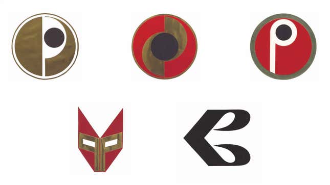 Five Porsche logos that were pitched by Hanns Lohrer to modernize and simplify the brand in 1961.