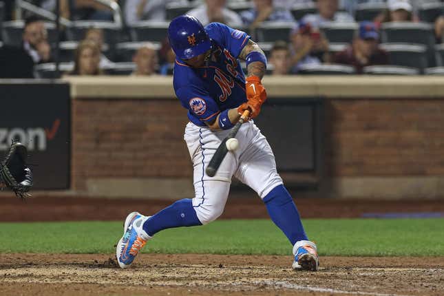 Jun 29, 2023; New York City, New York, USA; New York Mets catcher Francisco Alvarez (4) singles during the ninth inning against the Milwaukee Brewers at Citi Field.