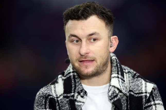 Dec 3, 2022; Atlanta, GA, USA; SEC Network announcer Johnny Manziel looks on prior to the SEC Championship game between the Georgia Bulldogs and the LSU Tigers at Mercedes-Benz Stadium.