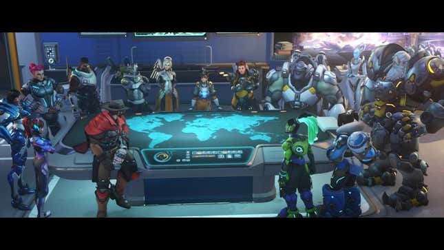 The reunited Overwatch is shown gathered at Watchpoint Gibraltar.
