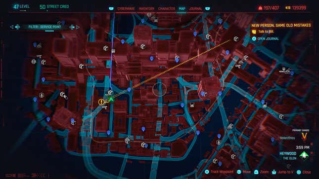 The Cyberpunk 2077 map shows a quest path stretching across the screen.