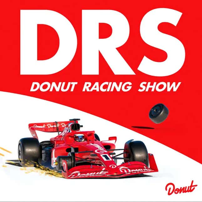 The white and red logo for the Donut Racing Show podcast. 