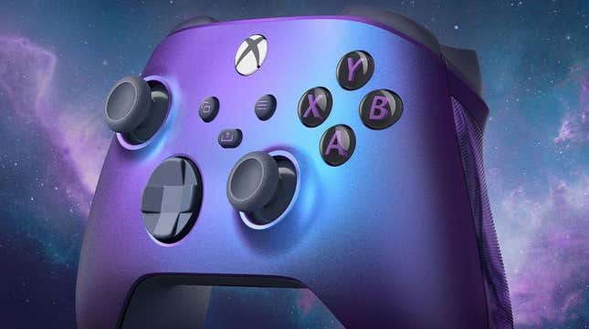 An Xbox Series X controller appears in a purple, blue, and pink cosmic gradient. 