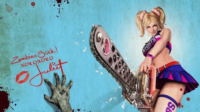 Juliet poses next to a zombie hand and note written in lipstick that says "Zombies suck!"