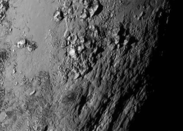 A new close-up image of a region near Pluto’s equator reveals a range of youthful mountains high above the surface of the icy body.
